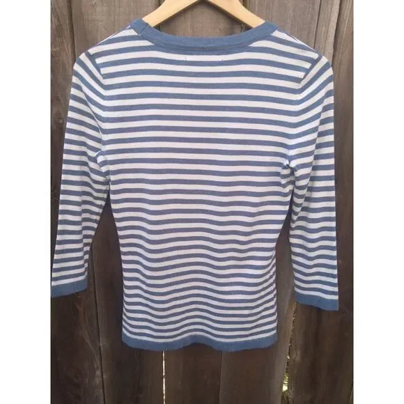 Karen Scott Heather Indigo Blue Mid Sleeve‎ Striped Top Sz XS - Picture 2 of 5